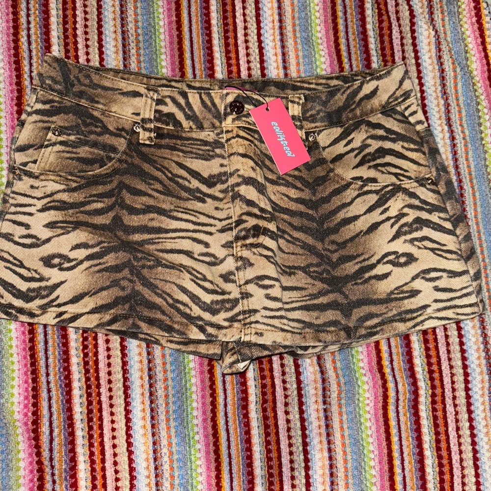 Edikted Brown and Black Jean Shorts with Bold Animal Print